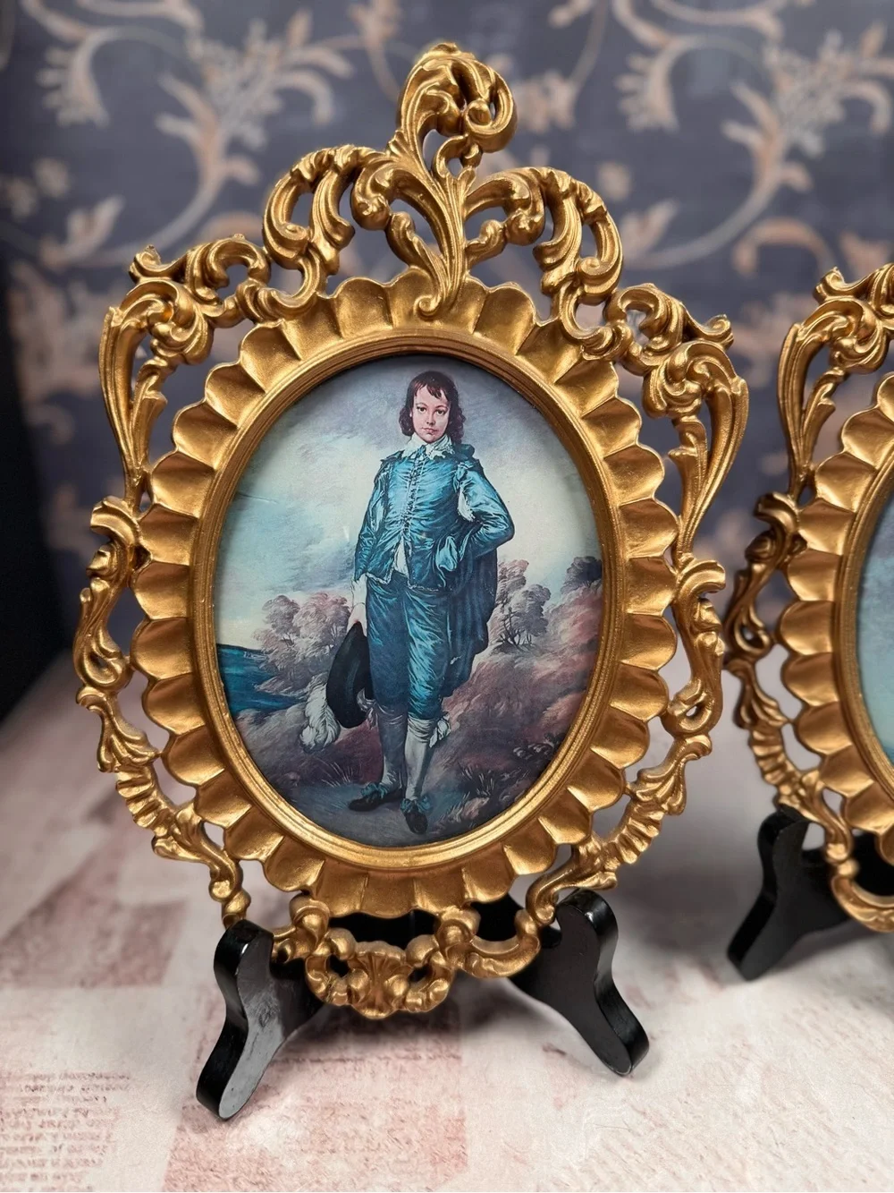 Vintage Pinky & Blue Boy Convex Print Pair Ornate Gold Tone Resin Frames